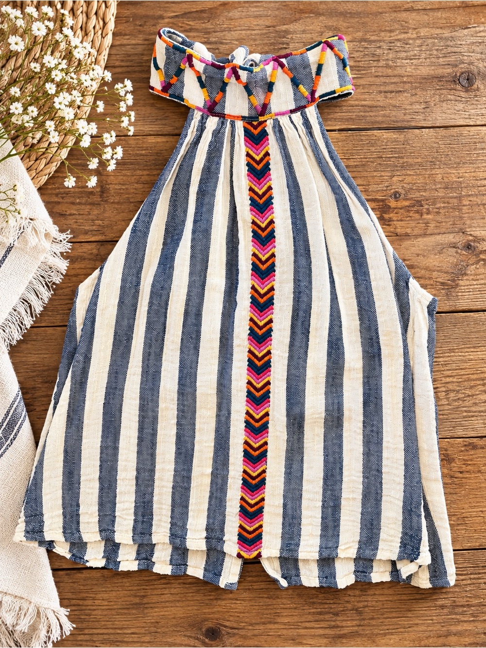 THML Embroidered Halter Top M Striped Boho Coastal Cowgirl Western